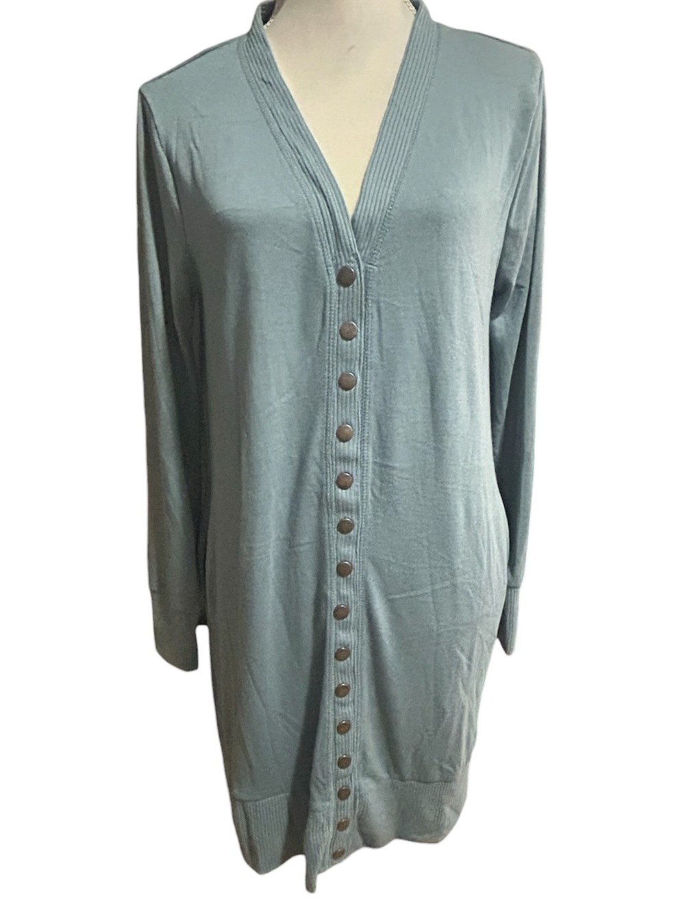 Blue Thigh length Cardigan long sleeve snap button V neck NWOT